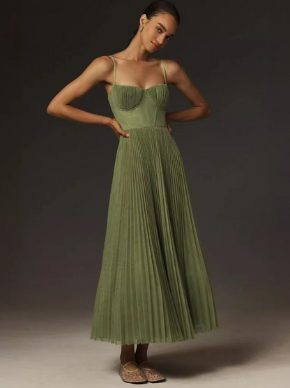 Chloé - Robe Midi Romantique Invitée Mariage Femme avec Bustier et Jupe Plissée
