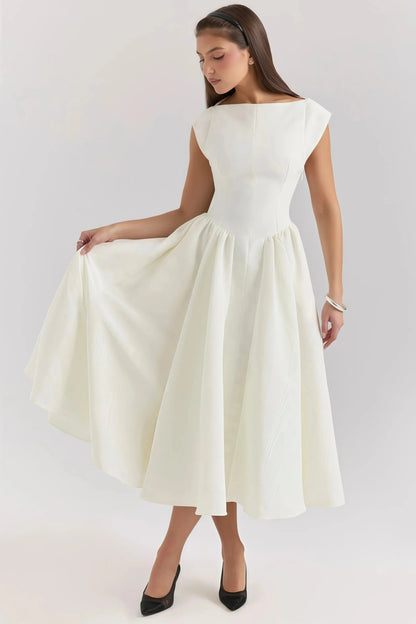 Chloé - Robe Invitée Mariage Simple Femme Élégante Midi à Col Bateau et Jupe Évasée
