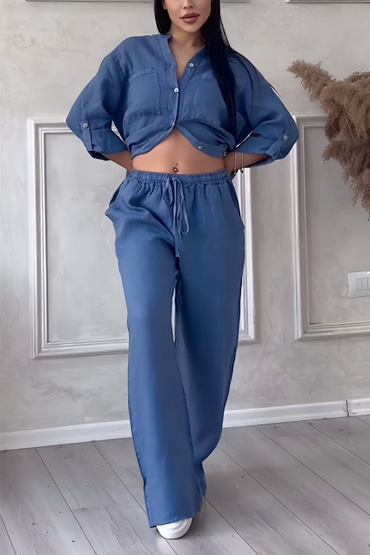 Juliette - Ensemble en Lin Femme Tendance avec Crop Top Boutonné et Pantalon Large