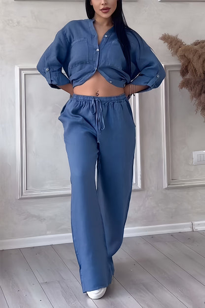 Juliette - Ensemble en Lin Femme Tendance avec Crop Top Boutonné et Pantalon Large