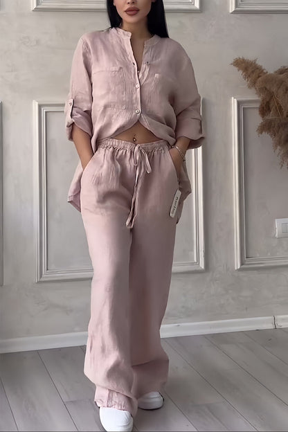 Juliette - Ensemble en Lin Femme Tendance avec Crop Top Boutonné et Pantalon Large