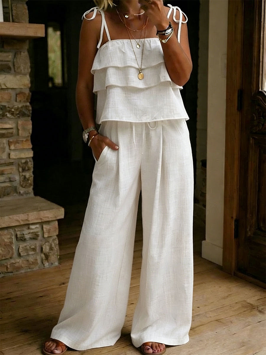 Clara - Ensemble en Lin Bohème Femme à Bretelles avec Top Volants et Pantalon Large