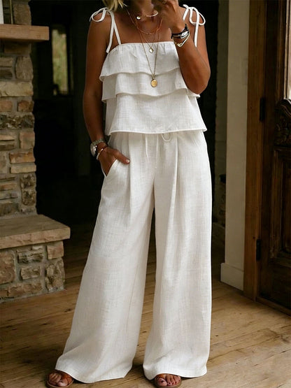 Clara - Ensemble en Lin Bohème Femme à Bretelles avec Top Volants et Pantalon Large