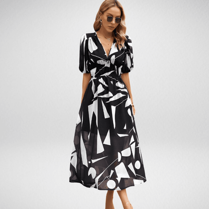 Clara - Robe Invitée Mariage Femme Chic Midi à Col V et Manches Bouffantes