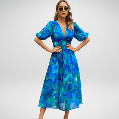Clara - Robe Invitée Mariage Femme Chic Midi à Col V et Manches Bouffantes