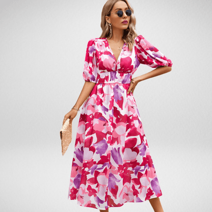 Clara - Robe Invitée Mariage Femme Chic Midi à Col V et Manches Bouffantes