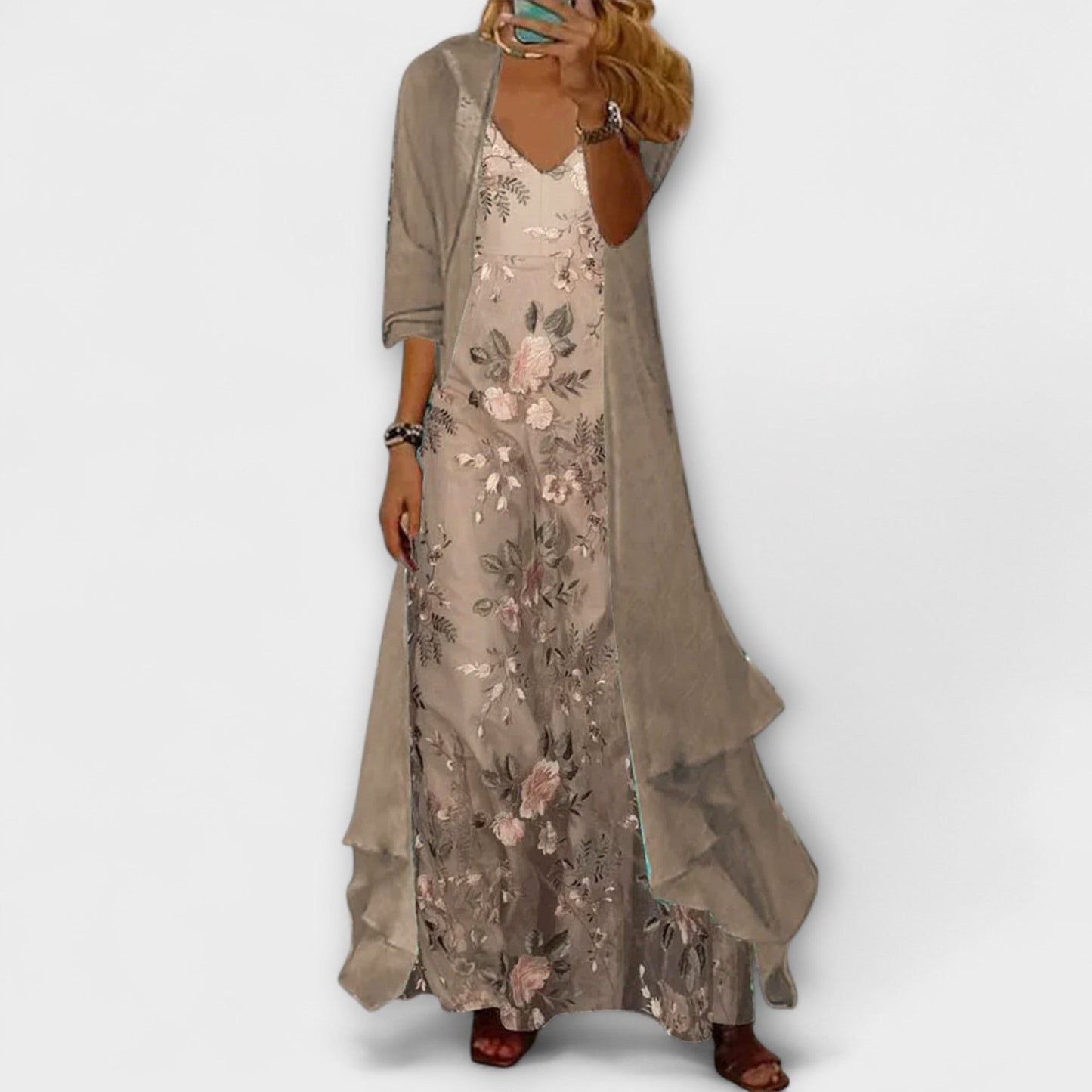 Clara - Robe Longue Romantique Femme avec Veste Assortie et Broderies Florales