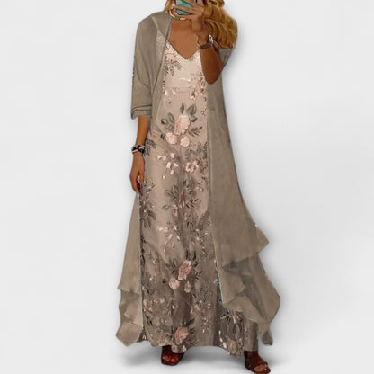 Clara - Robe Longue Romantique Femme avec Veste Assortie et Broderies Florales