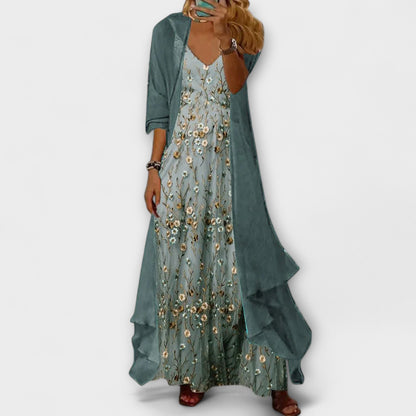 Clara - Robe Longue Romantique Femme avec Veste Assortie et Broderies Florales