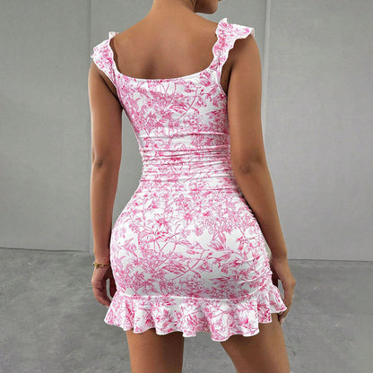 Clara - Robe Mariage Invitée Mini Femme Romantique Fleurie avec Bretelles Froncées et Lacet
