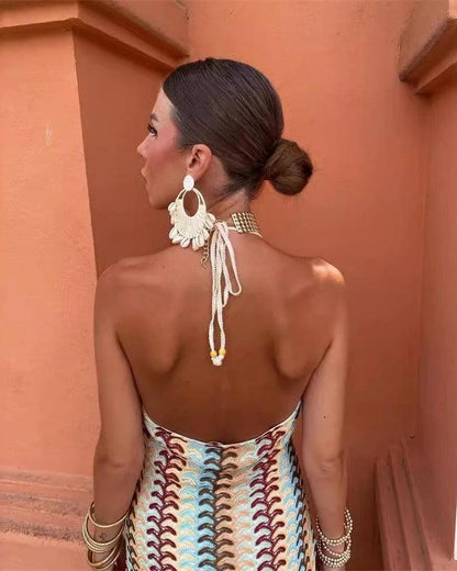 Clara - Robe Maxi Bohème Invitée Mariage Femme avec Bretelles Halter et Motif Géométrique Rayé