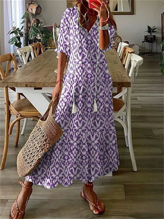 Clara - Robe Maxi d'Été Femme à Imprimé Ethnique Col V avec Pompons et Jupe Ample Bohème