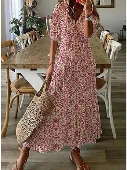 Clara - Robe Maxi d'Été Femme à Imprimé Ethnique Col V avec Pompons et Jupe Ample Bohème