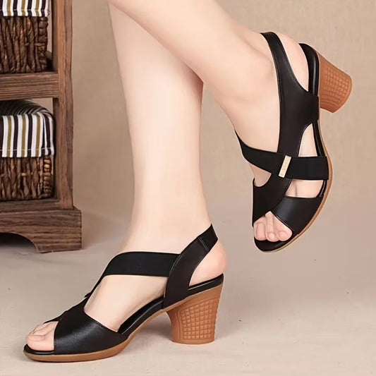 Clara - Sandales Orthopédiques Femme Classiques à Talon Bloc et Bride Croisée Élastique