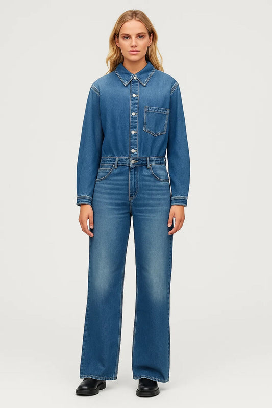 Combinaison Femme - Col Chemise Jambe Large Boutonnée | Casual