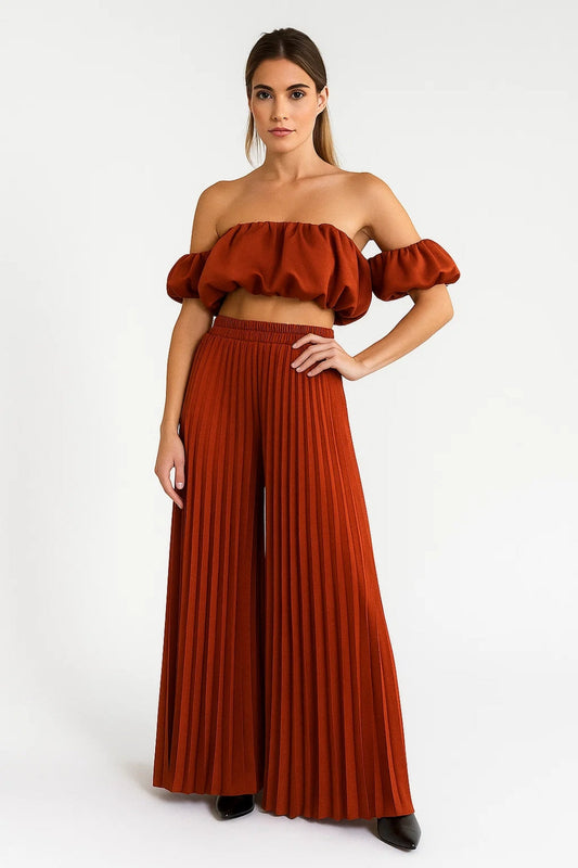 Ensemble Plissé Deux Pièces | Haut Bardot Volanté et Pantalon Large | Style Estival Fluide