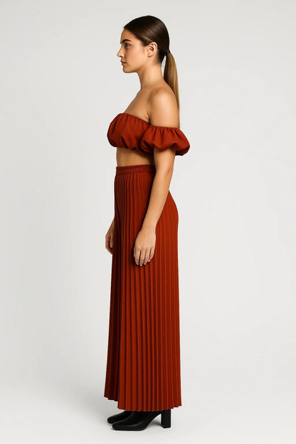 Ensemble Plissé Deux Pièces | Haut Bardot Volanté et Pantalon Large | Style Estival Fluide