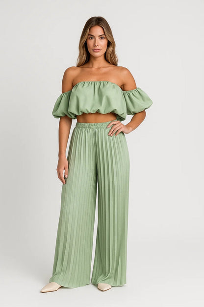 Ensemble Plissé Deux Pièces | Haut Bardot Volanté et Pantalon Large | Style Estival Fluide