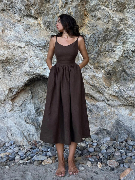Delphine - Robe Maxi d'Été Femme à Bretelles Nouées Taille Froncée et Jupe Ample Bohème