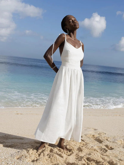 Delphine - Robe Maxi d'Été Femme à Bretelles Nouées Taille Froncée et Jupe Ample Bohème