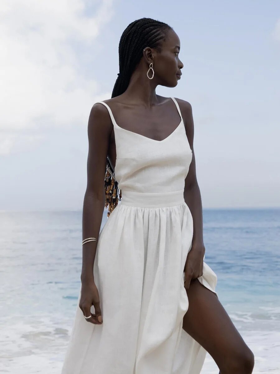 Delphine - Robe Maxi d'Été Femme à Bretelles Nouées Taille Froncée et Jupe Ample Bohème