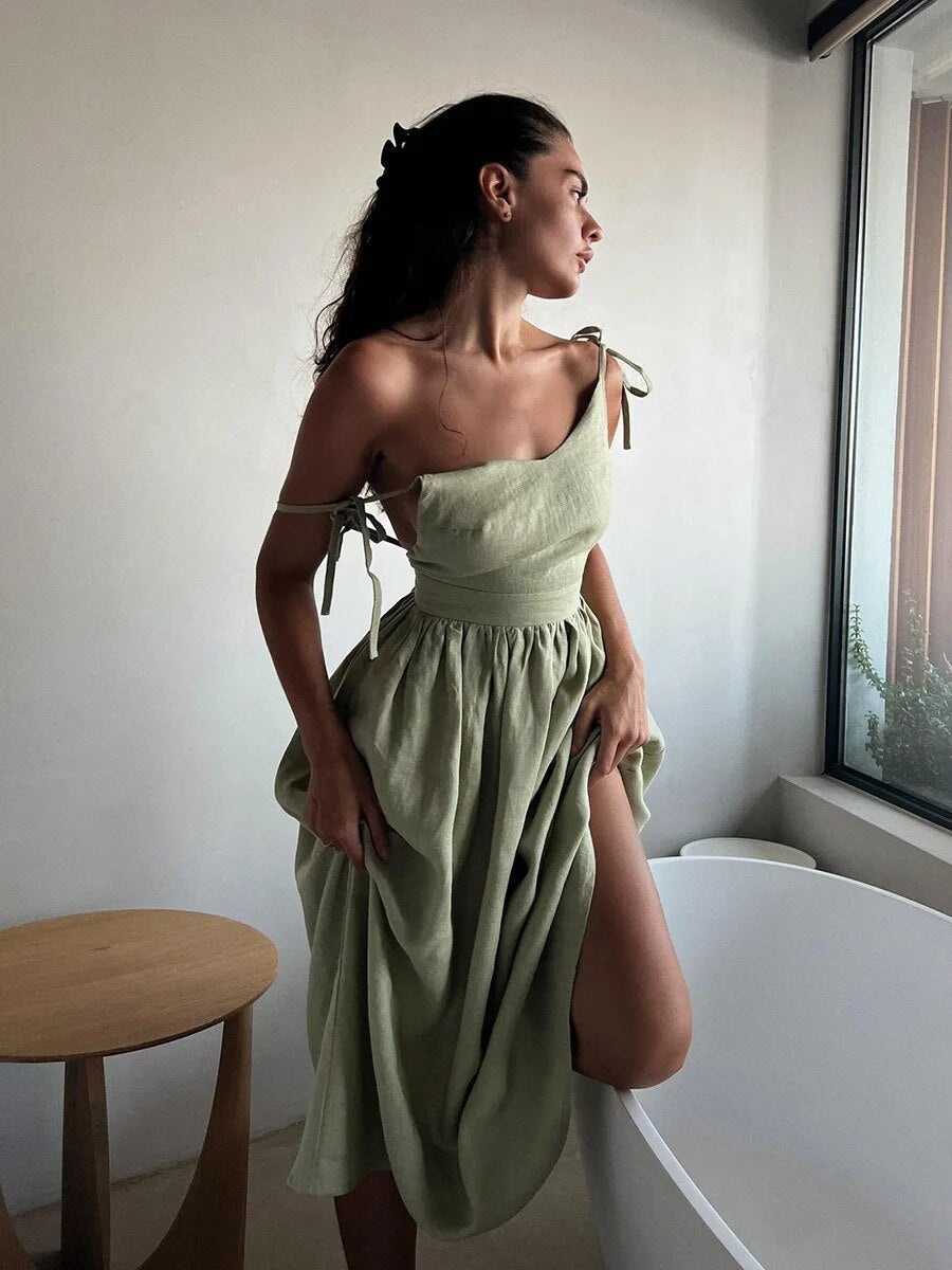 Delphine - Robe Maxi d'Été Femme à Bretelles Nouées Taille Froncée et Jupe Ample Bohème