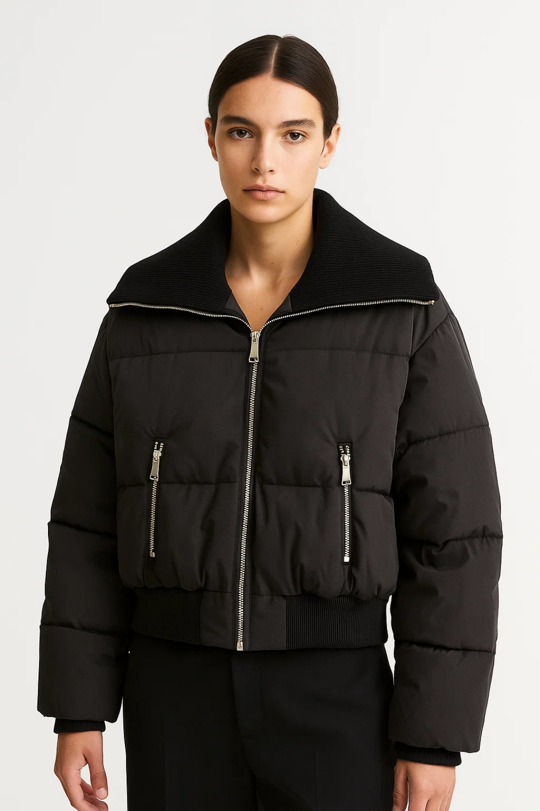 Doudoune Courte Noire Femme | Col Côtelé Haut | Minimaliste & Chaude