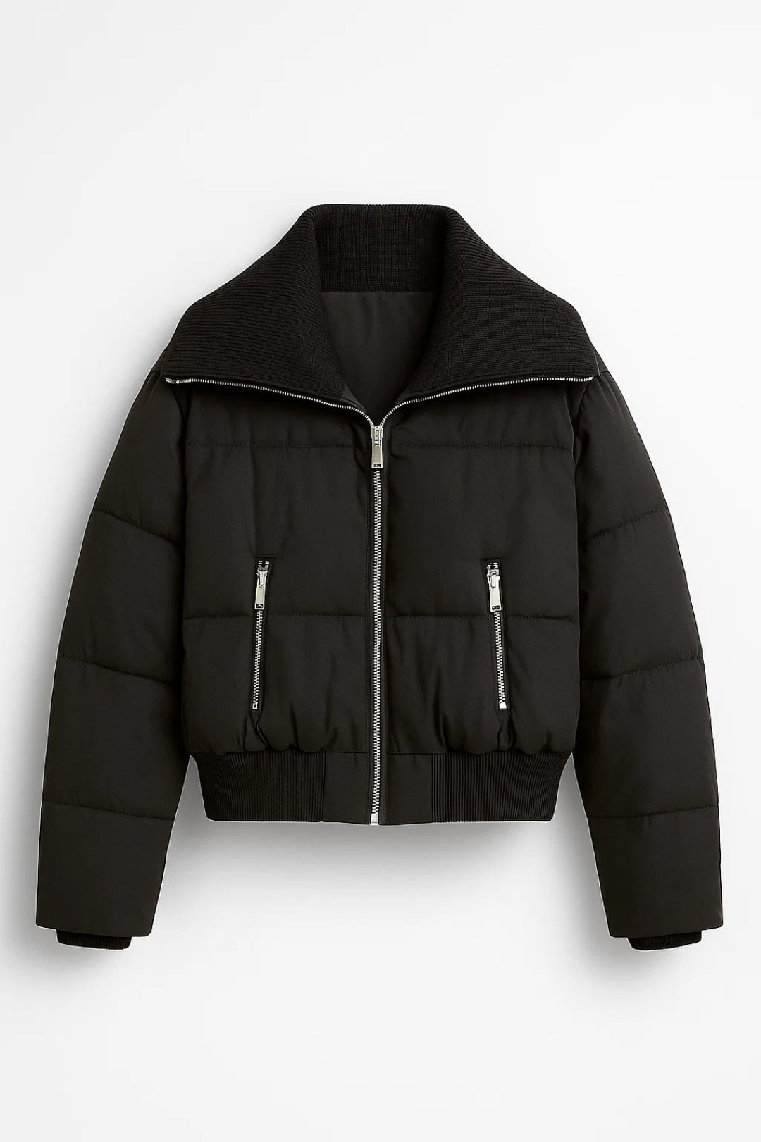 Doudoune Courte Noire Femme | Col Côtelé Haut | Minimaliste & Chaude