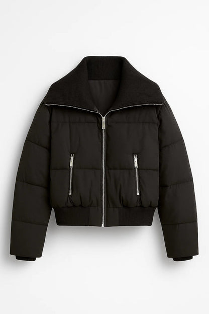 Doudoune Courte Noire Femme | Col Côtelé Haut | Minimaliste & Chaude