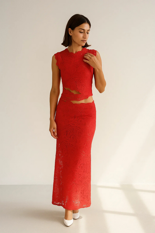 Ensemble Top et Jupe Femme | Dentelle Rouge Élégante | Coupe Cintrée Féminine