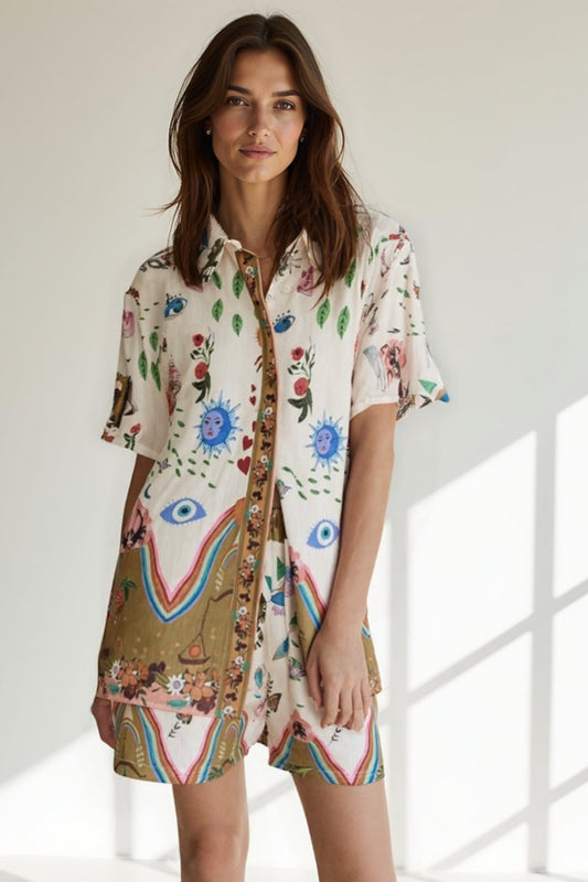Ensemble Blouse Imprimée et Short Assorti | Multicolore | Artistique et Estival