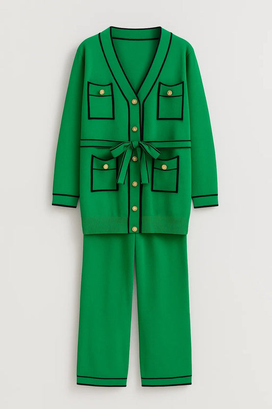 Ensemble Boutonné Élégant | Cardigan Ceinturé et Pantalon Droit | Léger et Respirant