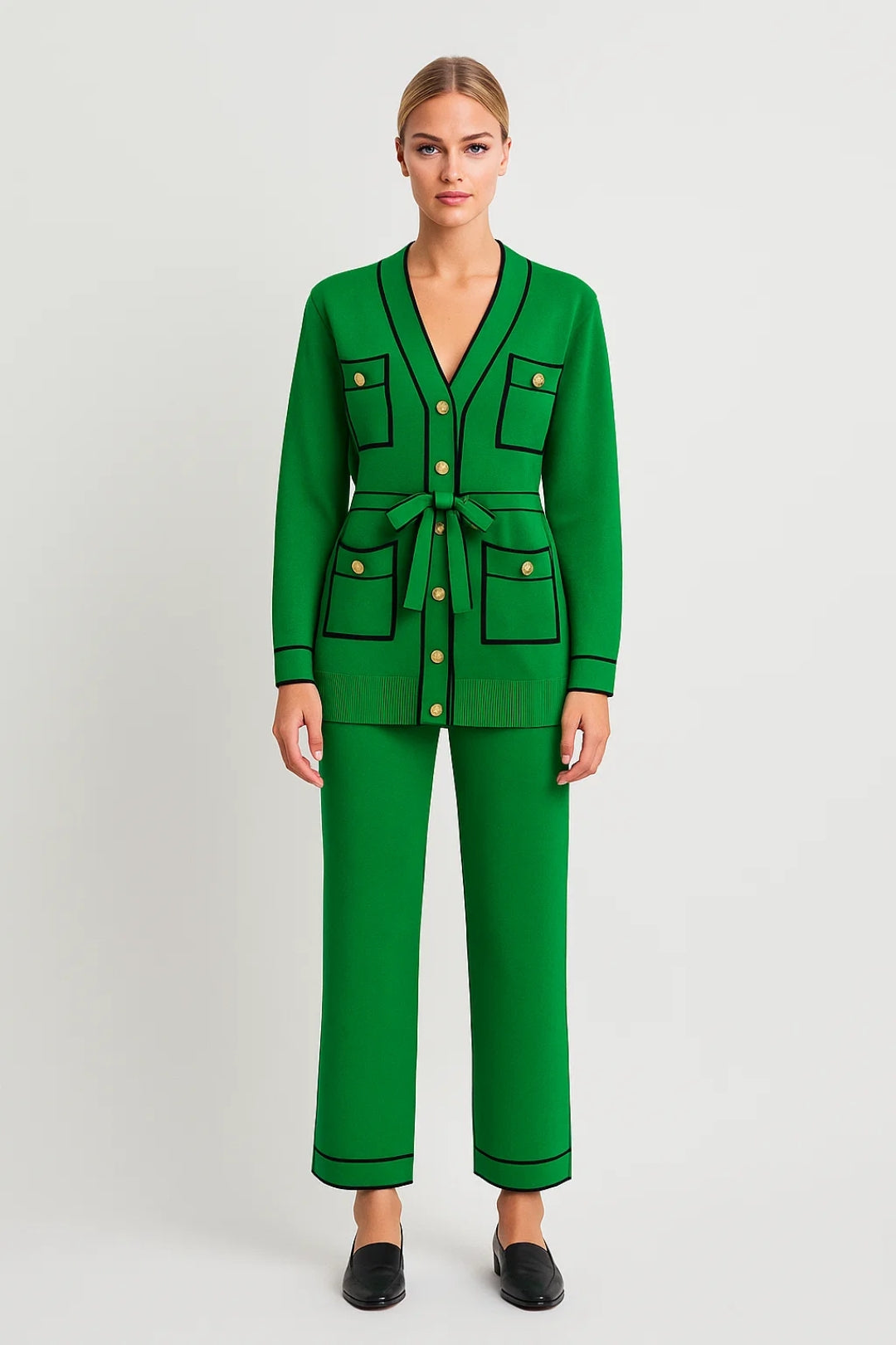 Ensemble Boutonné Élégant | Cardigan Ceinturé et Pantalon Droit | Léger et Respirant
