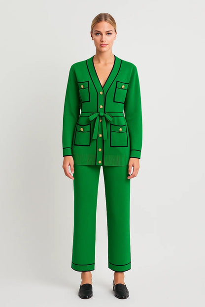 Ensemble Boutonné Élégant | Cardigan Ceinturé et Pantalon Droit | Léger et Respirant