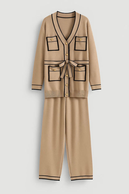 Ensemble Boutonné Élégant | Cardigan Ceinturé et Pantalon Droit | Léger et Respirant