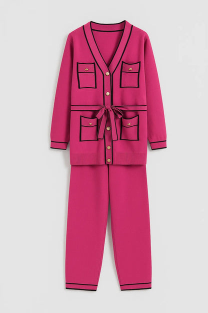 Ensemble Boutonné Élégant | Cardigan Ceinturé et Pantalon Droit | Léger et Respirant