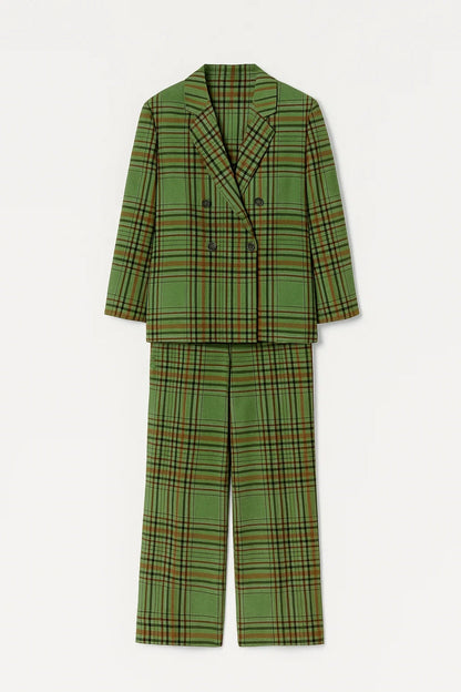 Ensemble à Carreaux Femme | Blazer Croisé et Pantalon Évasé | Léger et Respirant