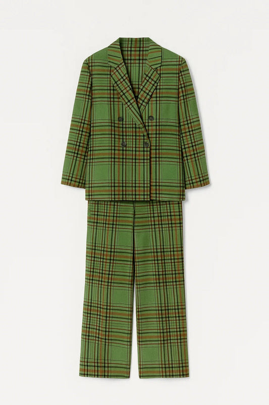 Ensemble à Carreaux Femme | Blazer Croisé et Pantalon Évasé | Léger et Respirant