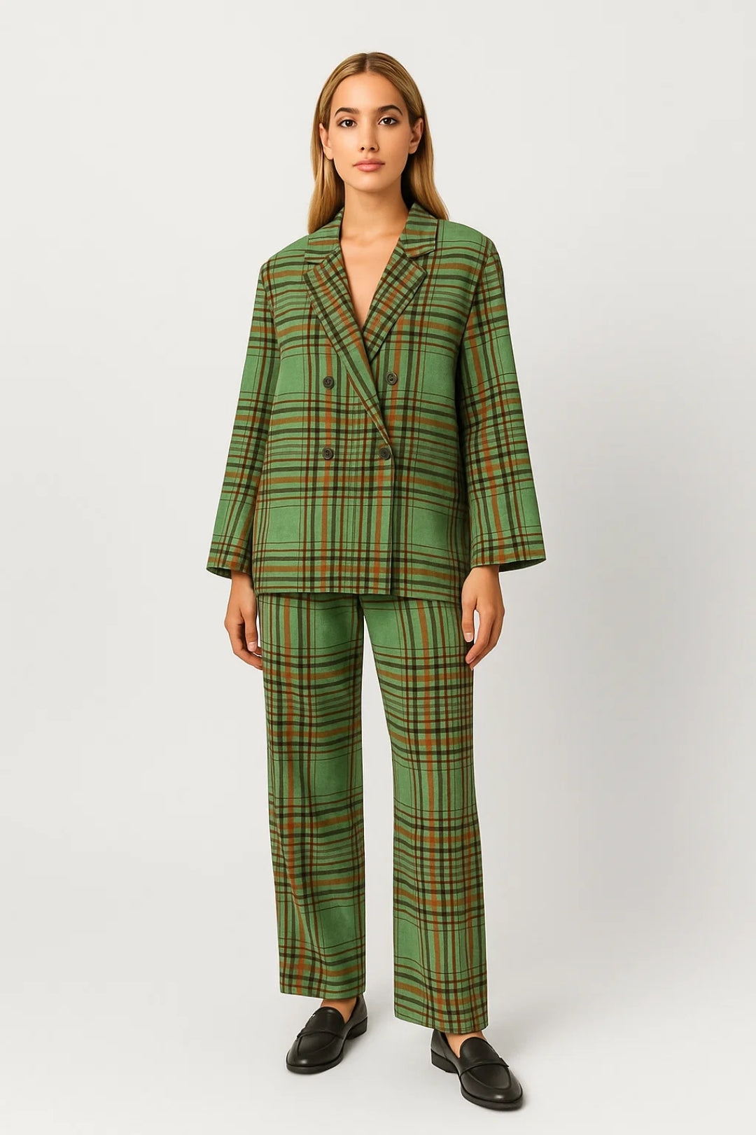 Ensemble à Carreaux Femme | Blazer Croisé et Pantalon Évasé | Léger et Respirant