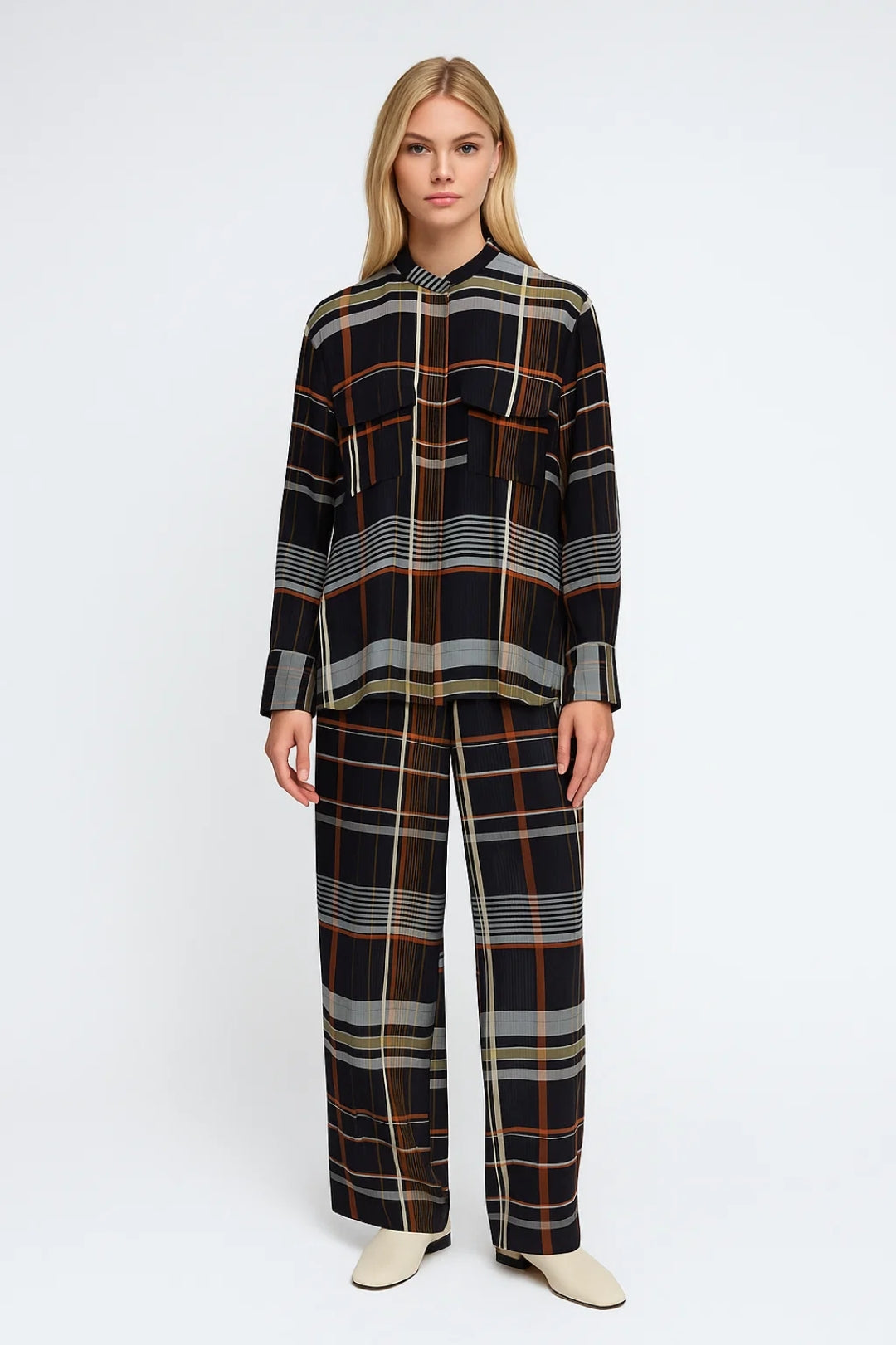 Ensemble à Carreaux Structuré | Chemise Longue et Pantalon Large | Léger et Respirant