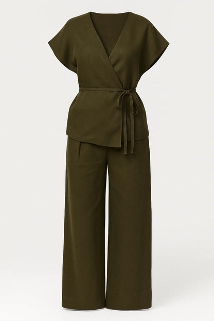 Ensemble Ceinturé Femme | Haut Cache-Cœur et Pantalon Large | Confortable et Élégant