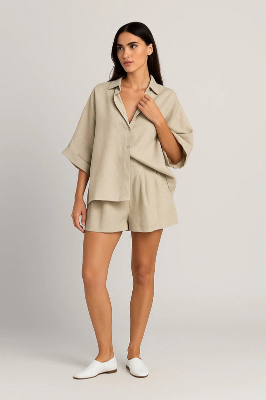 Ensemble Chemise et Short | Lin Mélangé | Confort Décontracté pour l’Été