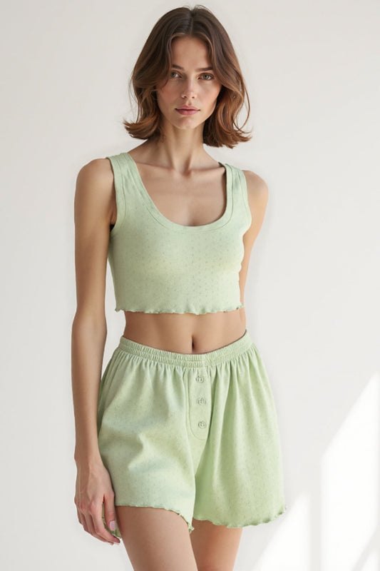 Ensemble Débardeur Court et Short à Taille Élastique | Noir, Lavande ou Vert Pastel | Décontracté et Confortable