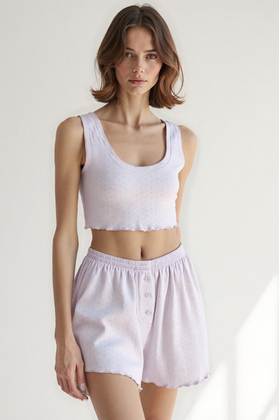 Ensemble Débardeur Court et Short à Taille Élastique | Noir, Lavande ou Vert Pastel | Décontracté et Confortable