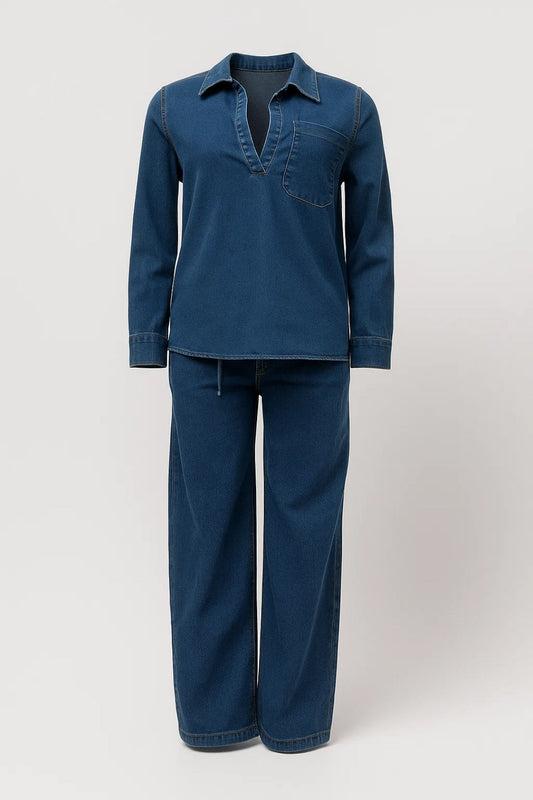 Ensemble Décontracté Femme | Haut à Col V et Pantalon Large | Léger et Respirant