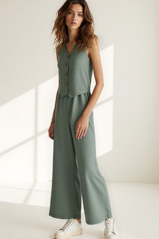 Ensemble Décontracté Sans Manches avec Gilet Boutonné et Pantalon Large | Tendance Minimaliste | Noir ou Vert Sauge