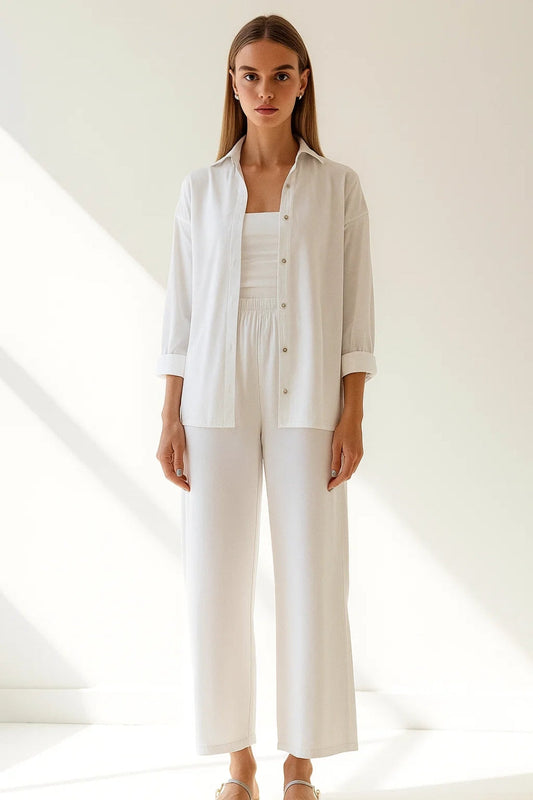 Ensemble Décontracté avec Chemise Légère et Pantalon Taille Élastique | Blanc Pur | Confort Estival