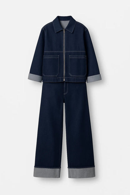 Ensemble Denim Moderne | Veste zippée et pantalon large | Léger et Respirant