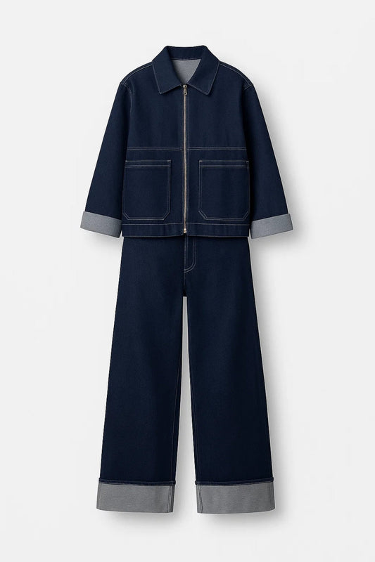 Ensemble Denim Moderne | Veste zippée et pantalon large | Léger et Respirant