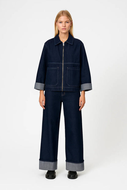 Ensemble Denim Moderne | Veste zippée et pantalon large | Léger et Respirant